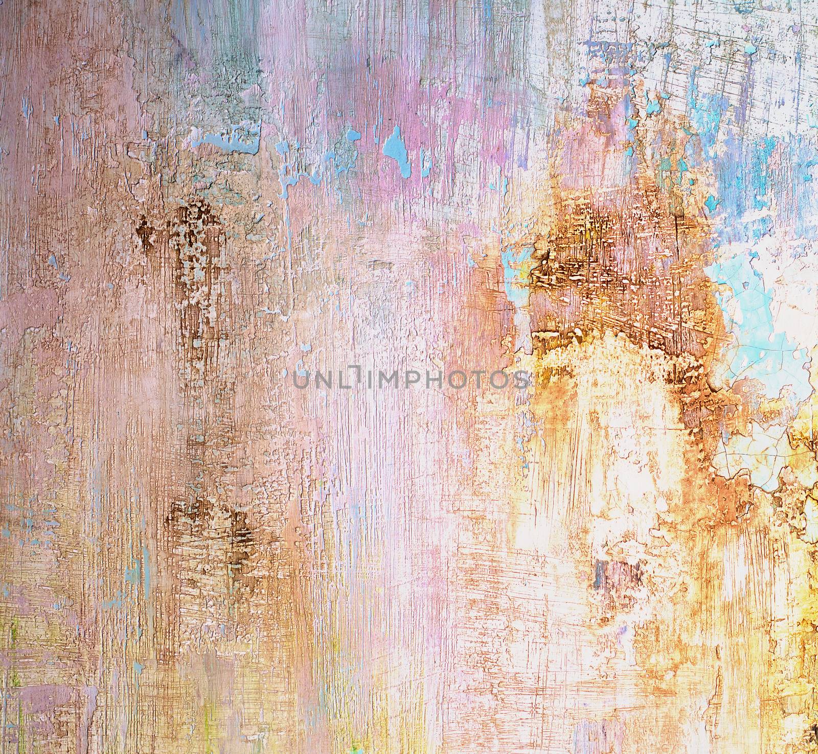 Beige, Blue and Pink Damaged Obsolete Cement Wall Background closeup