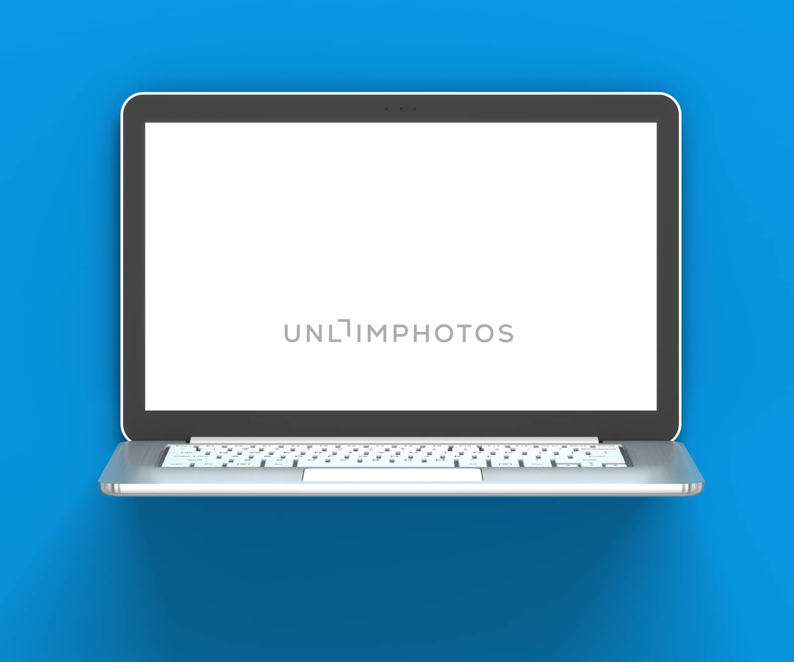Laptop with blank screen against blue wall, 3d render, blue background