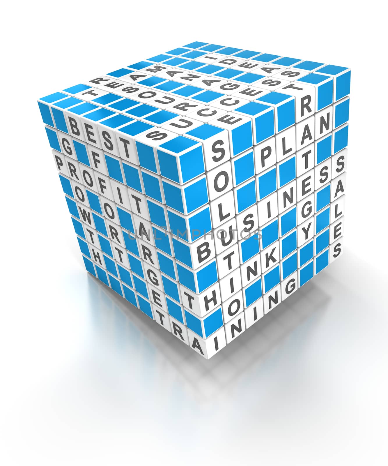 Crossword puzzle cube with business words, 3d render by ymgerman