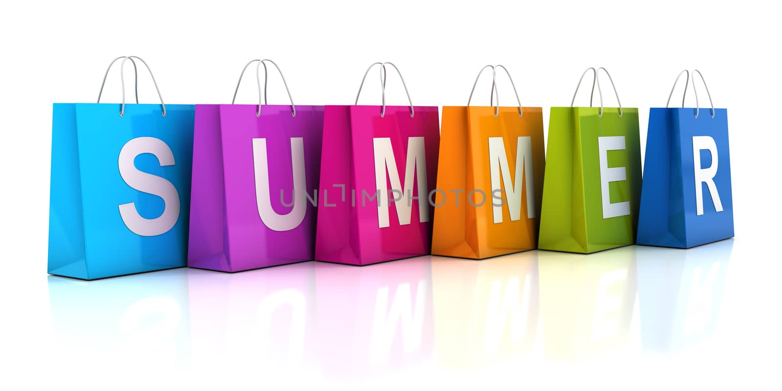 Summer sale concept with shopping bag, 3d render, white background