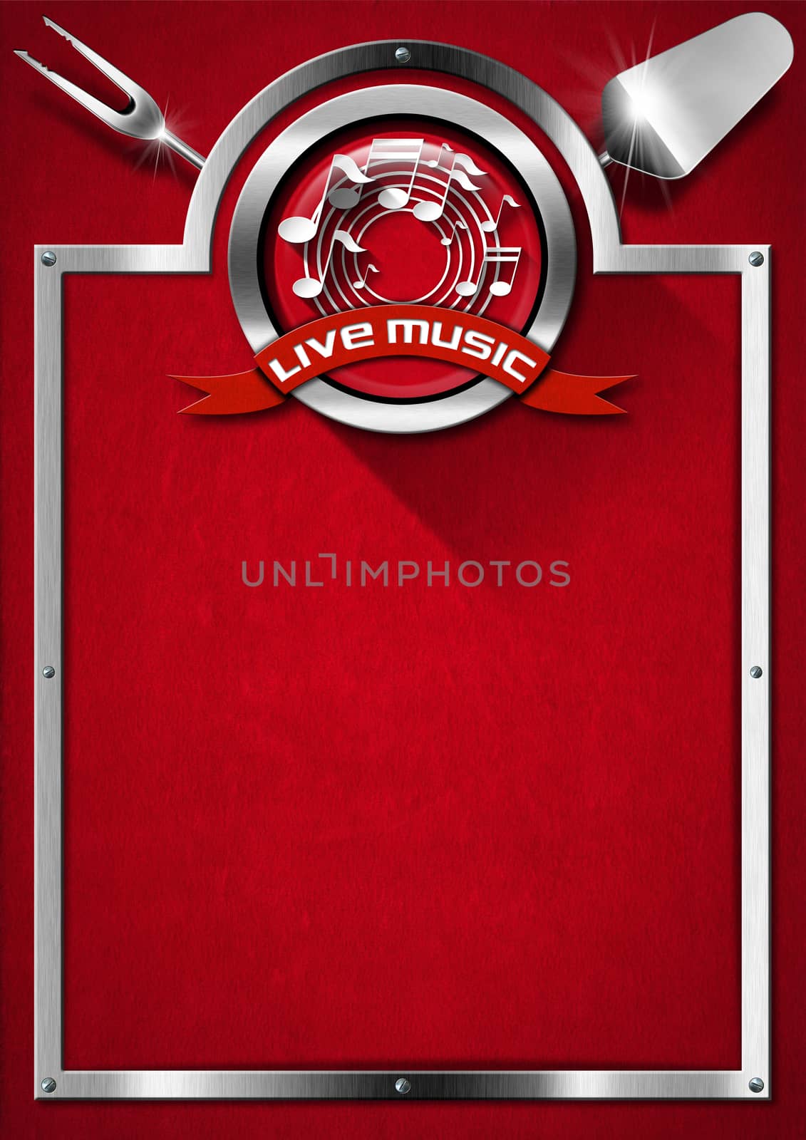 Red velvet background with kitchen utensils, metal frame and symbol of live music. Template for food menu and a live music event