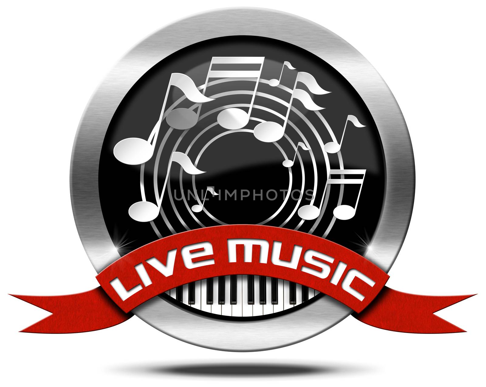 Metal icon or symbol with white musical notes, piano keyboard, red ribbon with text live music. Isolated on white background