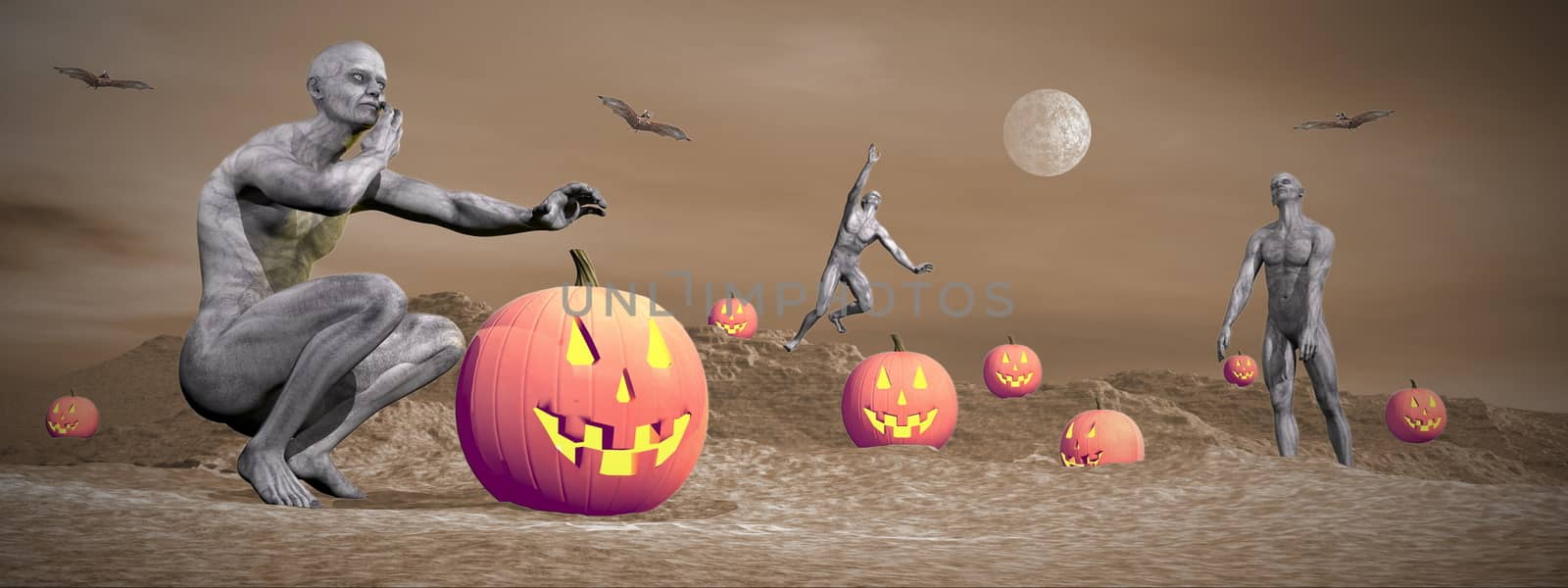 Several zombies and flying bats next to pumkins for Halloween, sepia background and colorful objects - 3D render