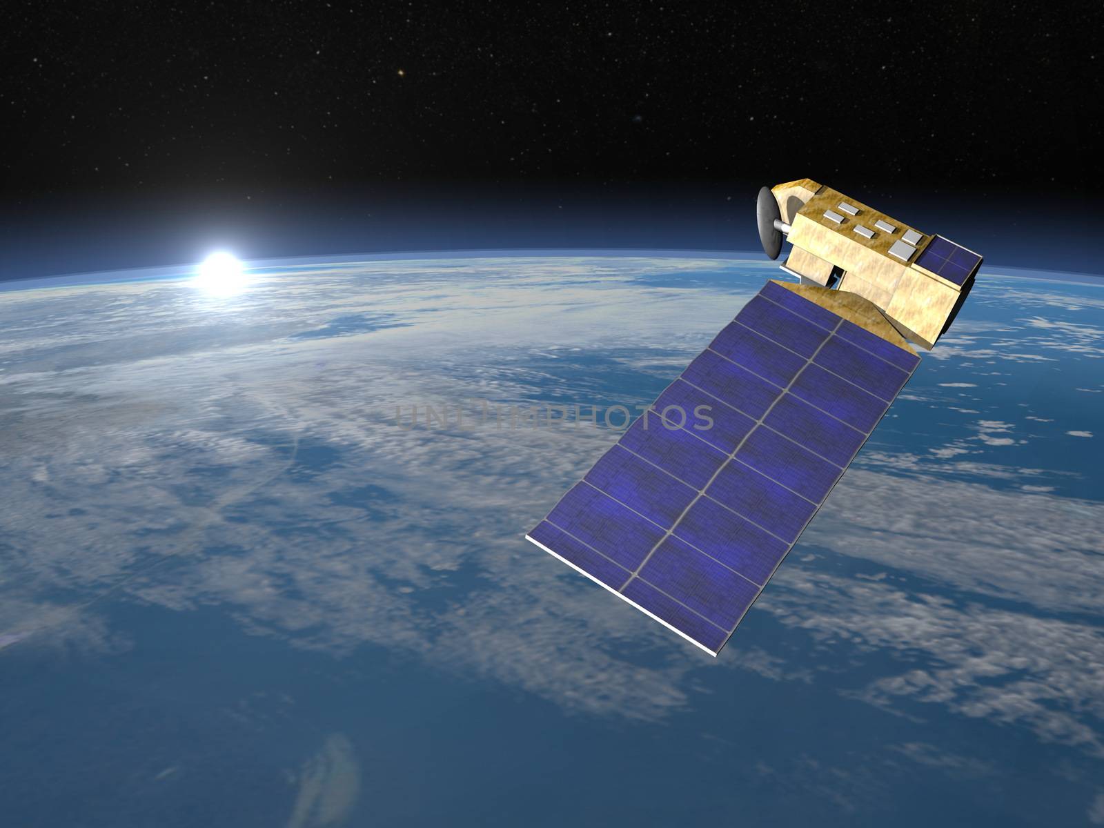 Aura satellite in space upon earth and rising sun, elements of this image furnished by NASA - 3D render