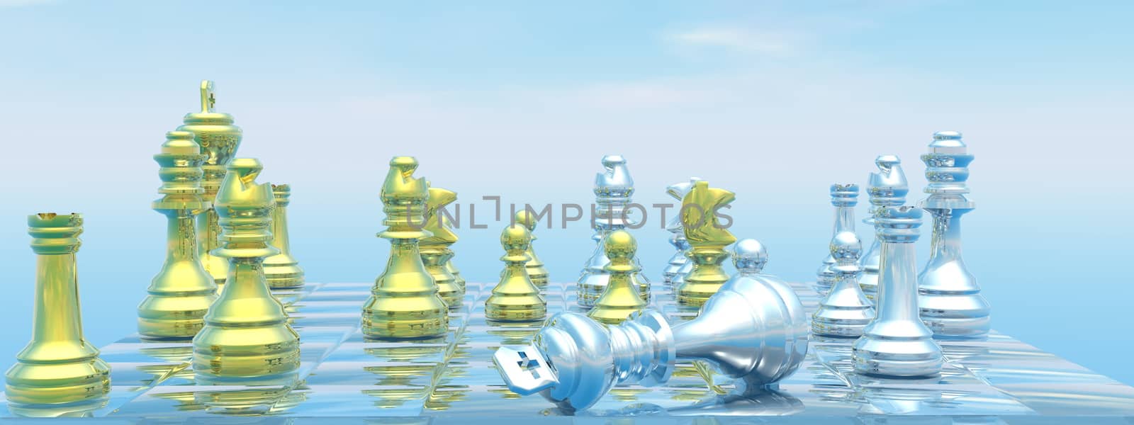 Chessboard with silver king down for chackmate blue sky - 3D render