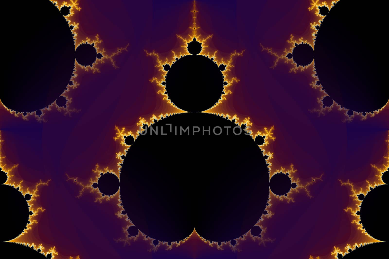 Mandelbrot fractal in the colors of purple golden yellow blue.