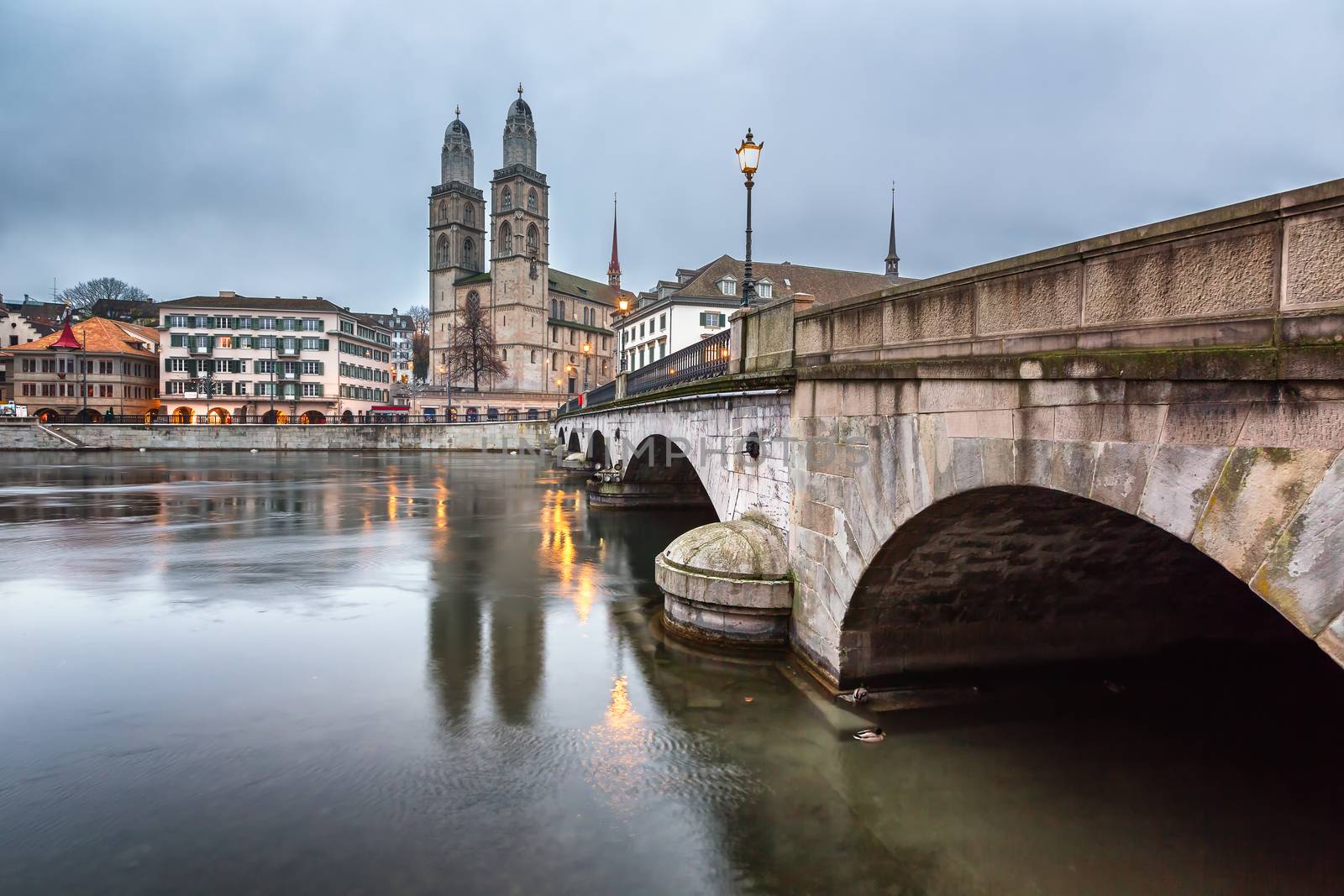 View on Grossmunster Church and Zurich Downtown in the Evening, Switzerland