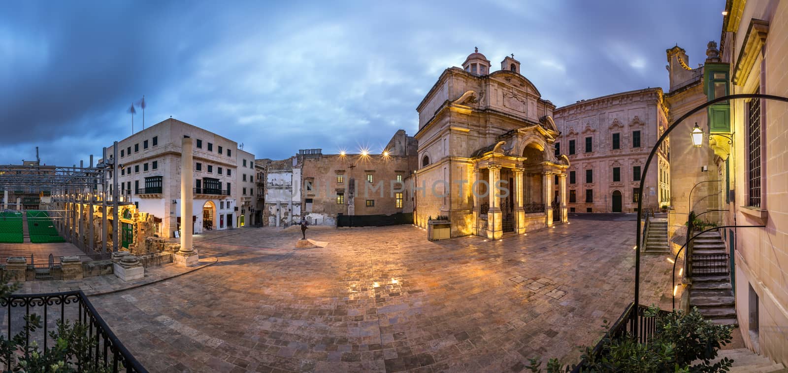 Panorama Saint Catherine of Italy Church and Jean Vallette Pjazza in the Morning, Vallette, Malta