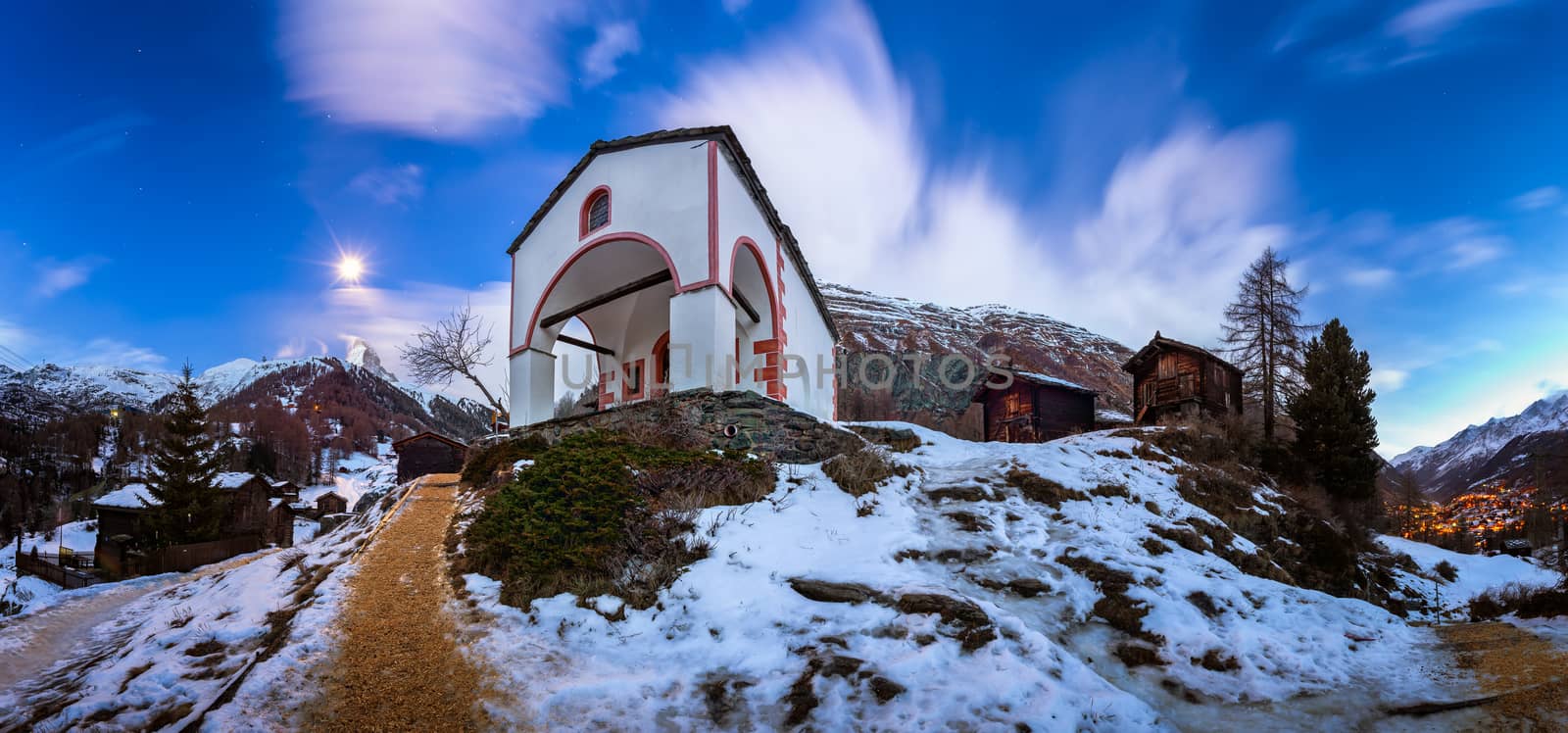 White Church on the Hill and Matterhorn Peak before Dawn, Zermatt, Switzerland