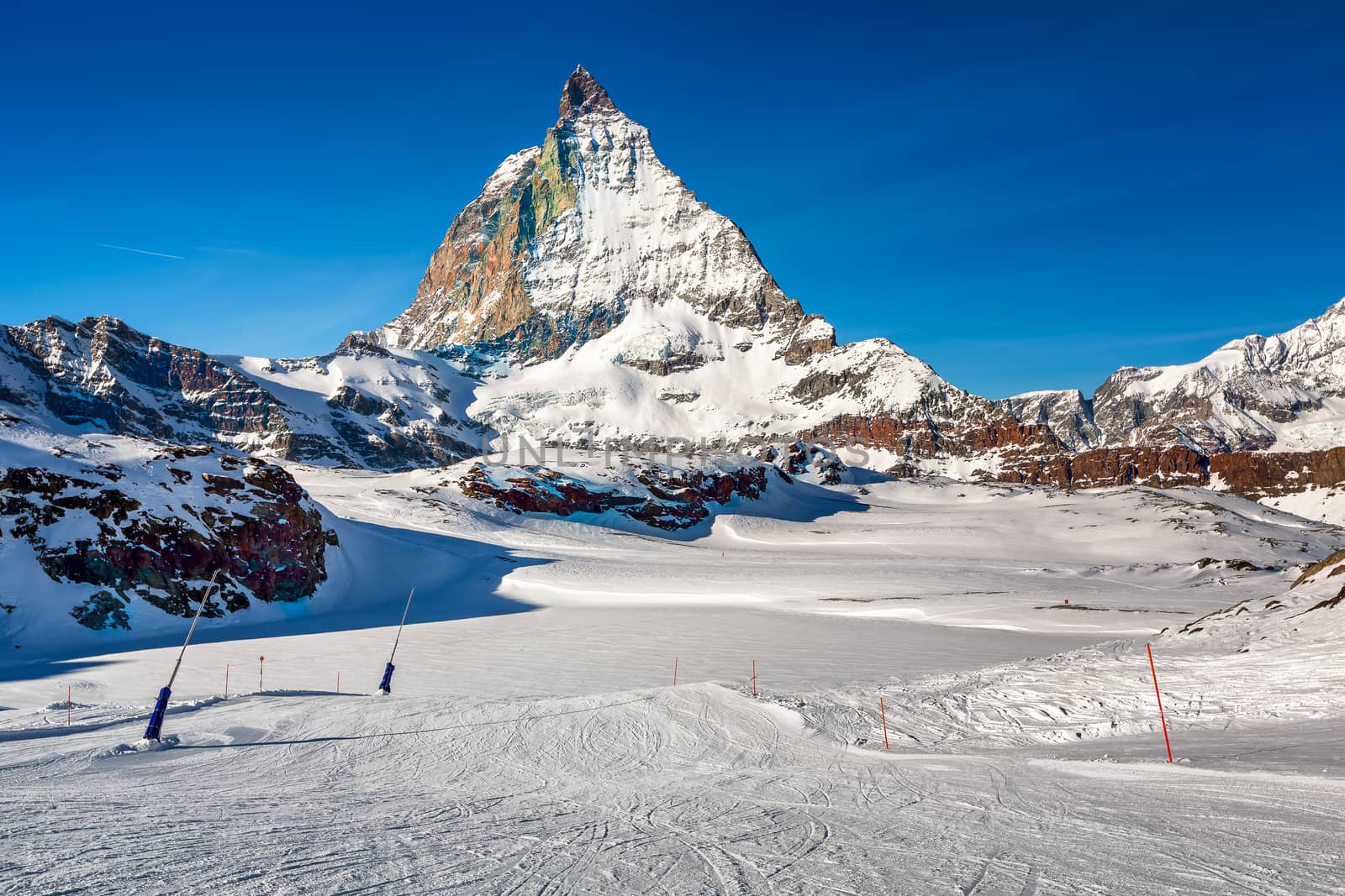 Sunny Ski Slope and Matterhorn Peak in Zermatt, Switzerland