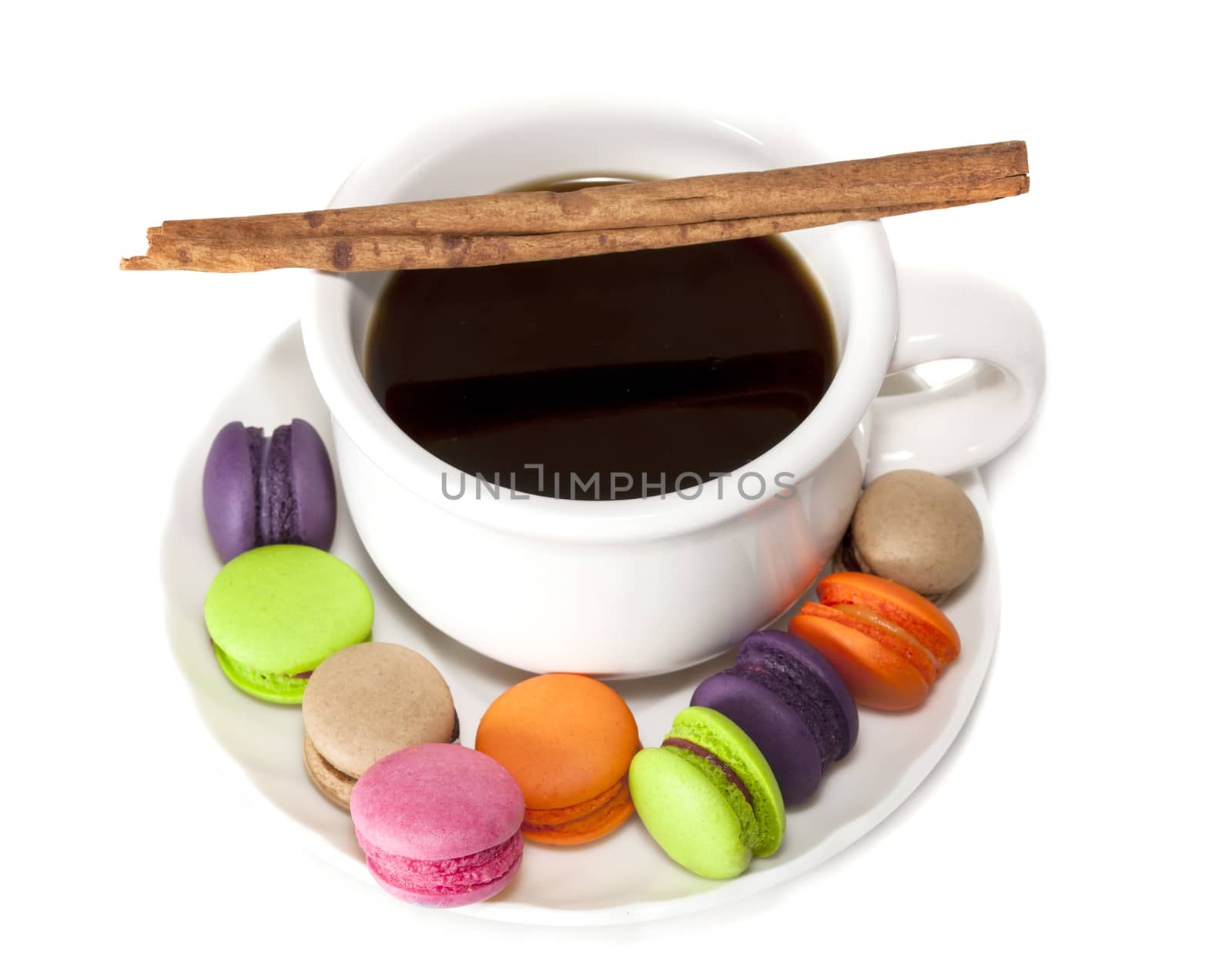 France dessert  macaroons and cup of coffee on white background 
,isolate