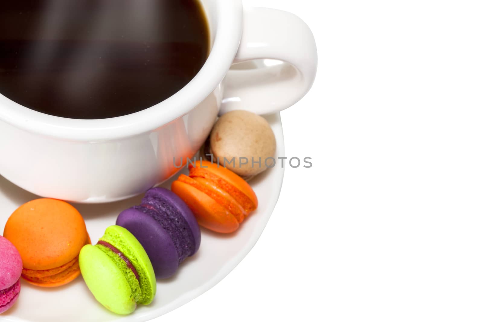 France dessert  macaroons and cup of coffee on white background 
,isolate
