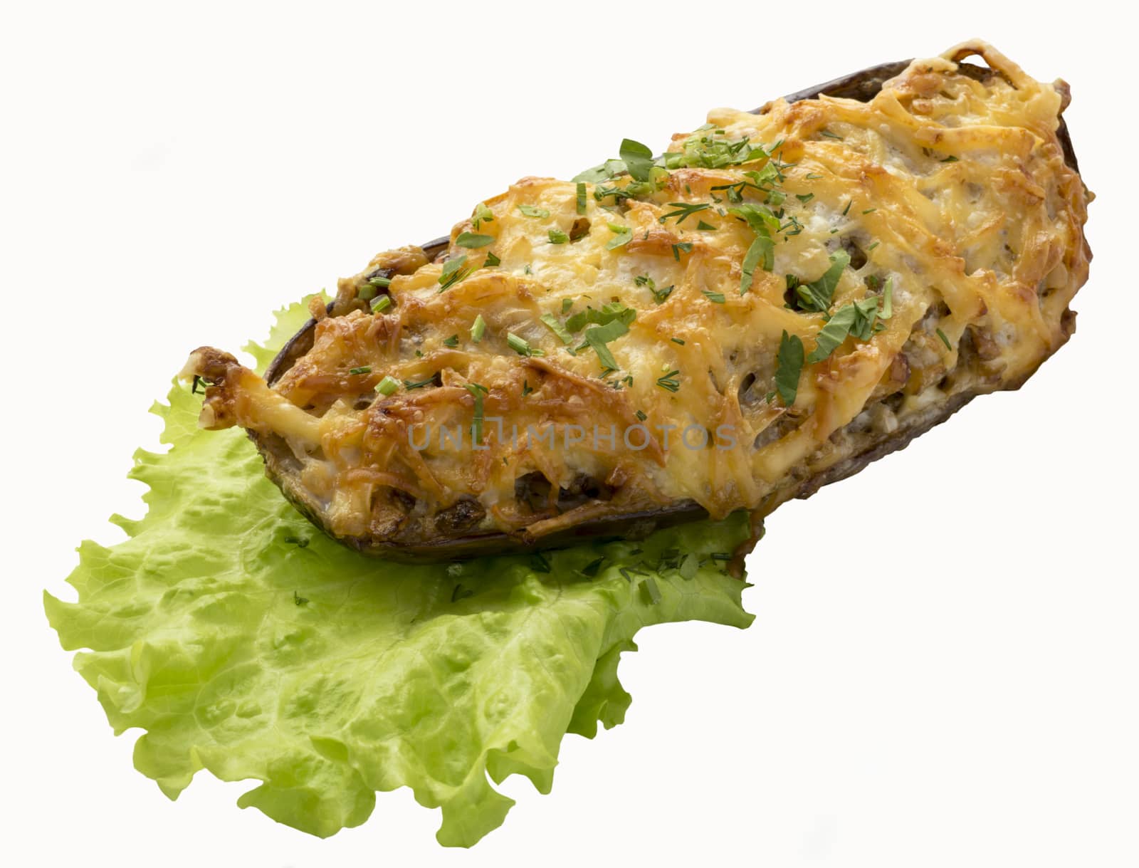 Isolated on white baked eggplant with vegetables.