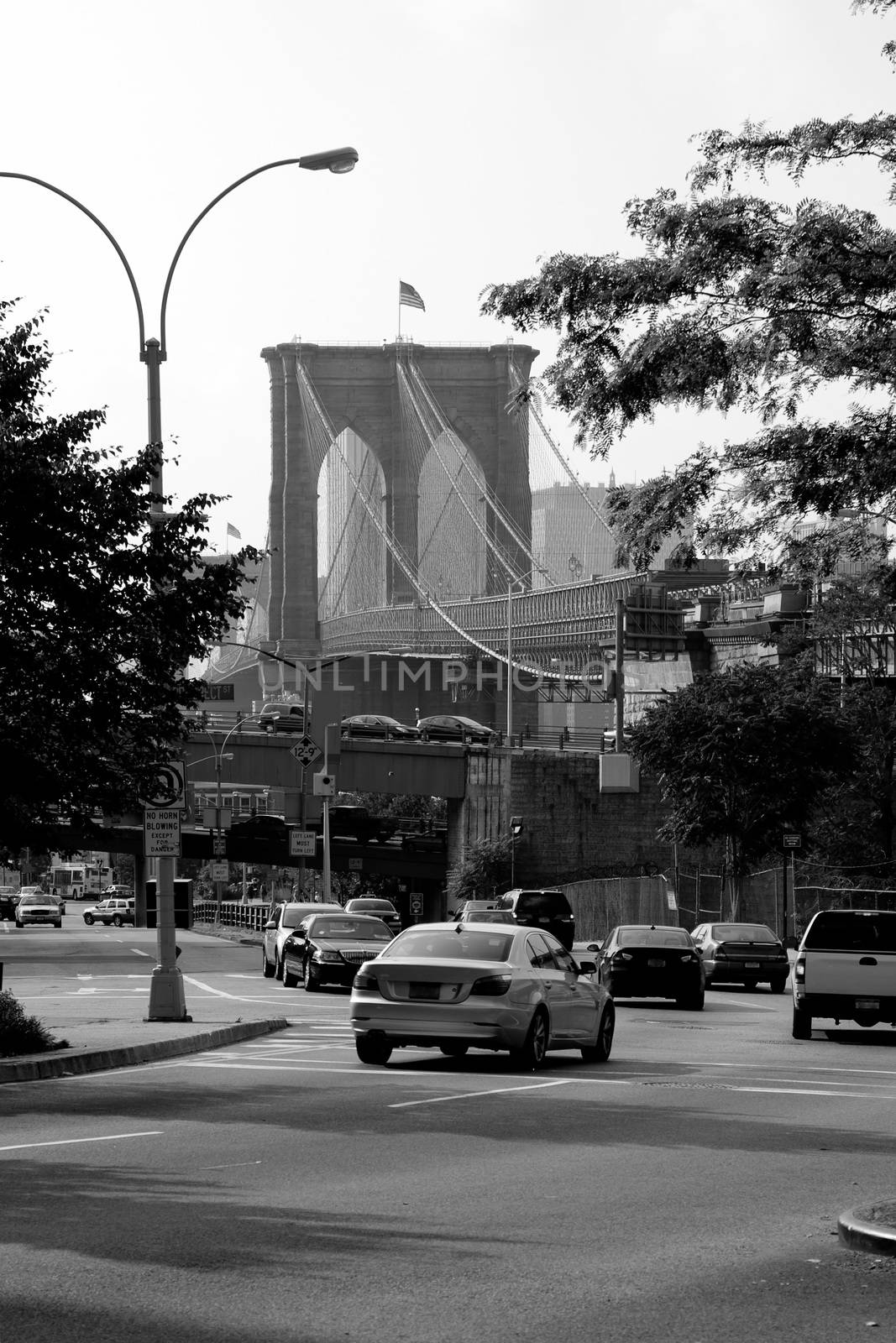Brooklyn Bridge as seen from a rare street view in New York City.