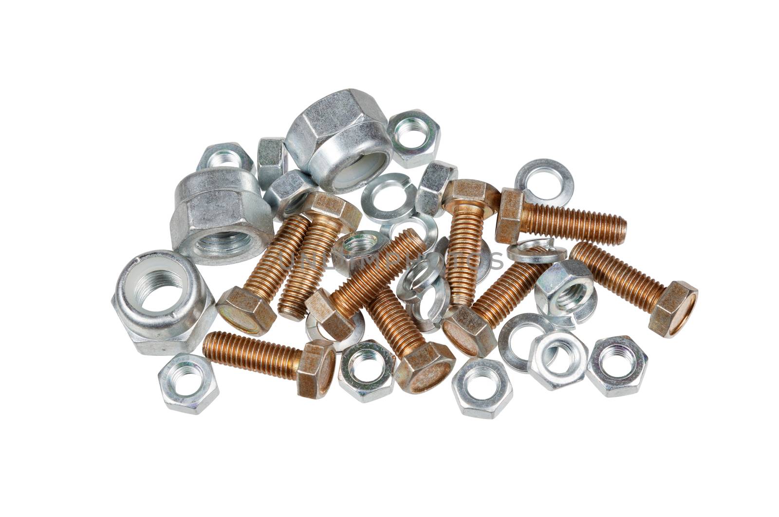 Bolts, nuts and washers in a disorderly heap isolated on white background