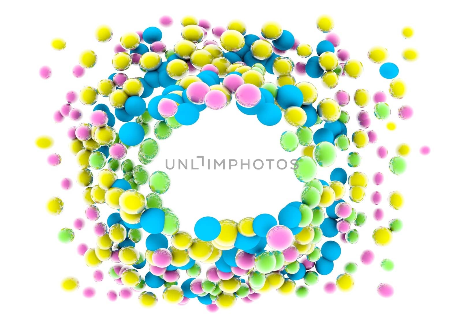 Circle of colored balls. 3D rendering.