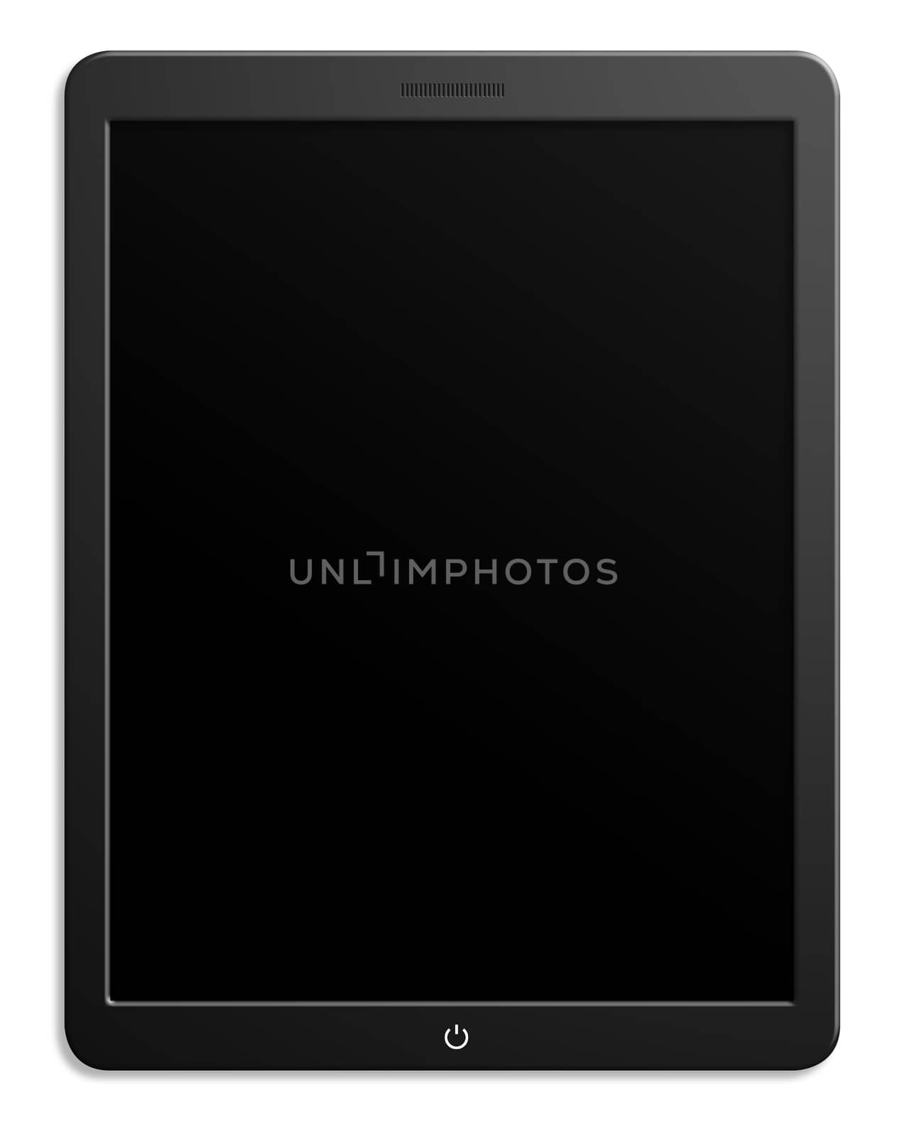 Illustration of modern computer tablet with black blank screen. Isolated on white background