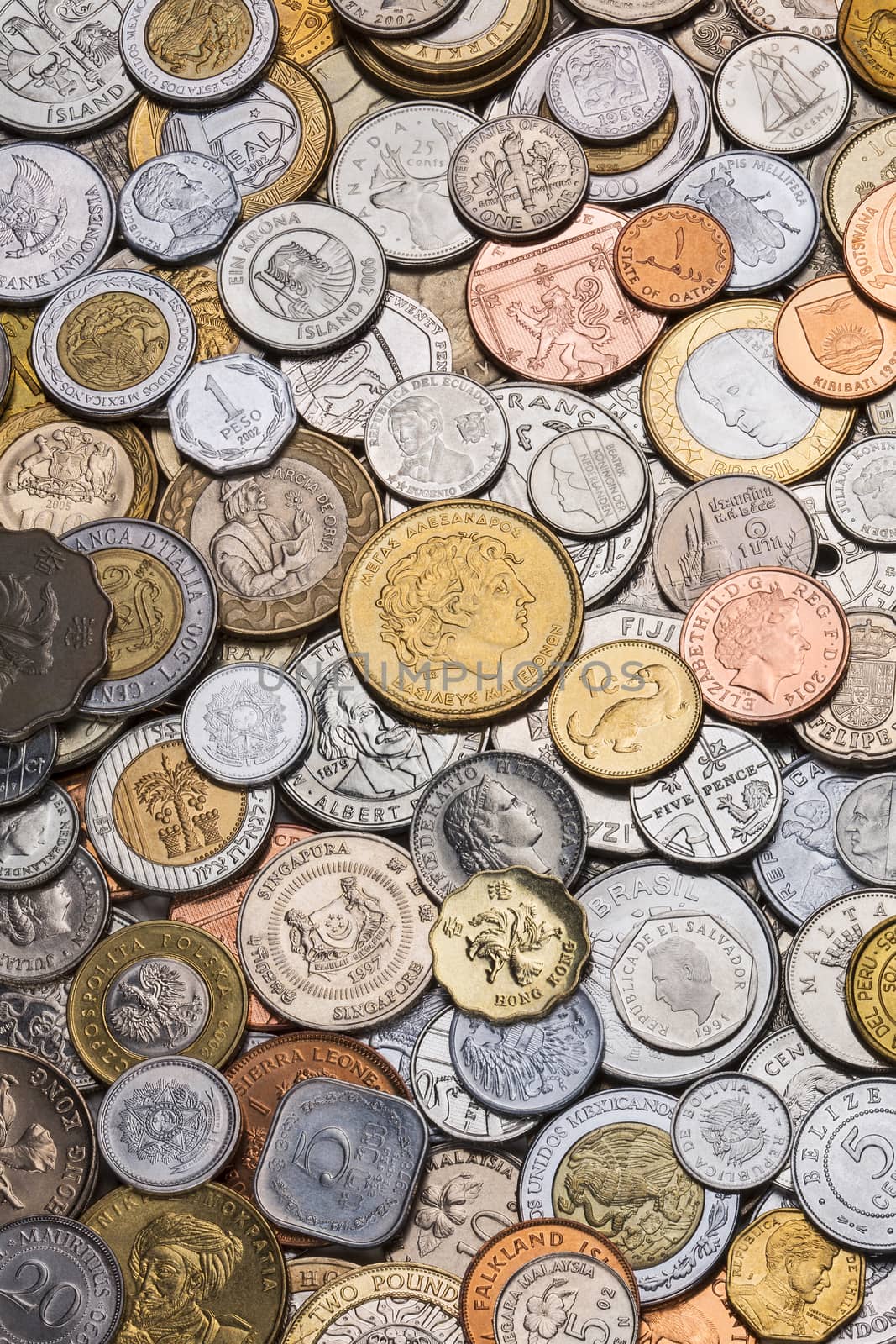 A collection of coins from around the world - International currency.