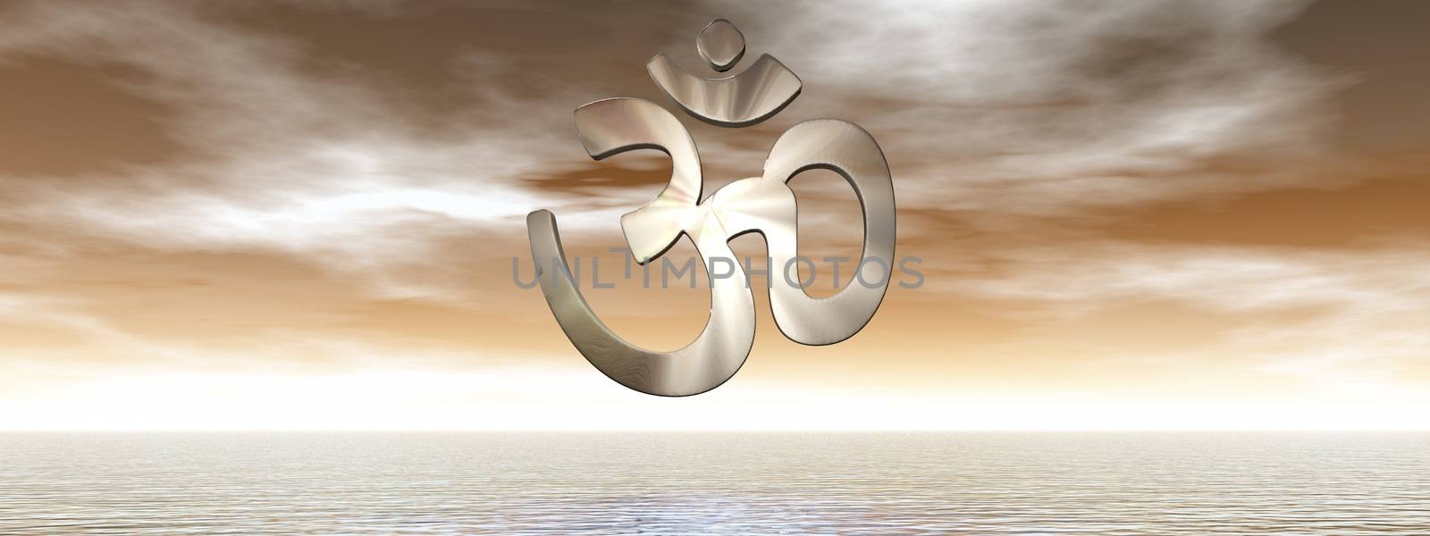 Aum symbol upon ocean by brown sunset - 3D render