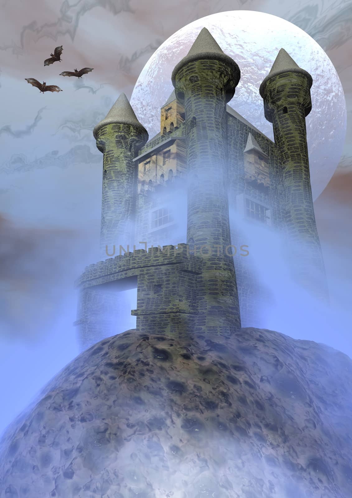 Odd castle with flying bats with night with full moon - 3D render