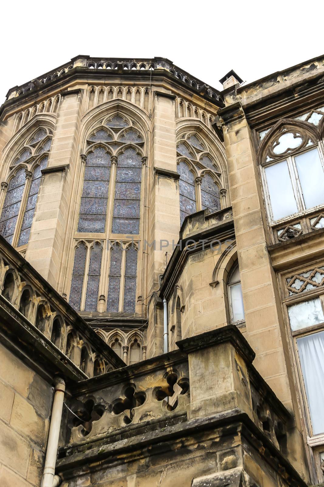 Cathedral of the Good Shepherd in San Sebastian, Spain. Gothic revival church facade with stained glass windows and sky - photography