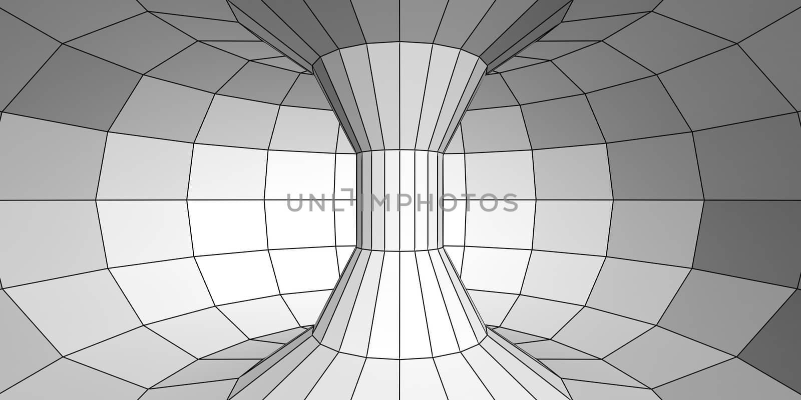 Three-dimensional model of torus with polygons. Abstract gray background