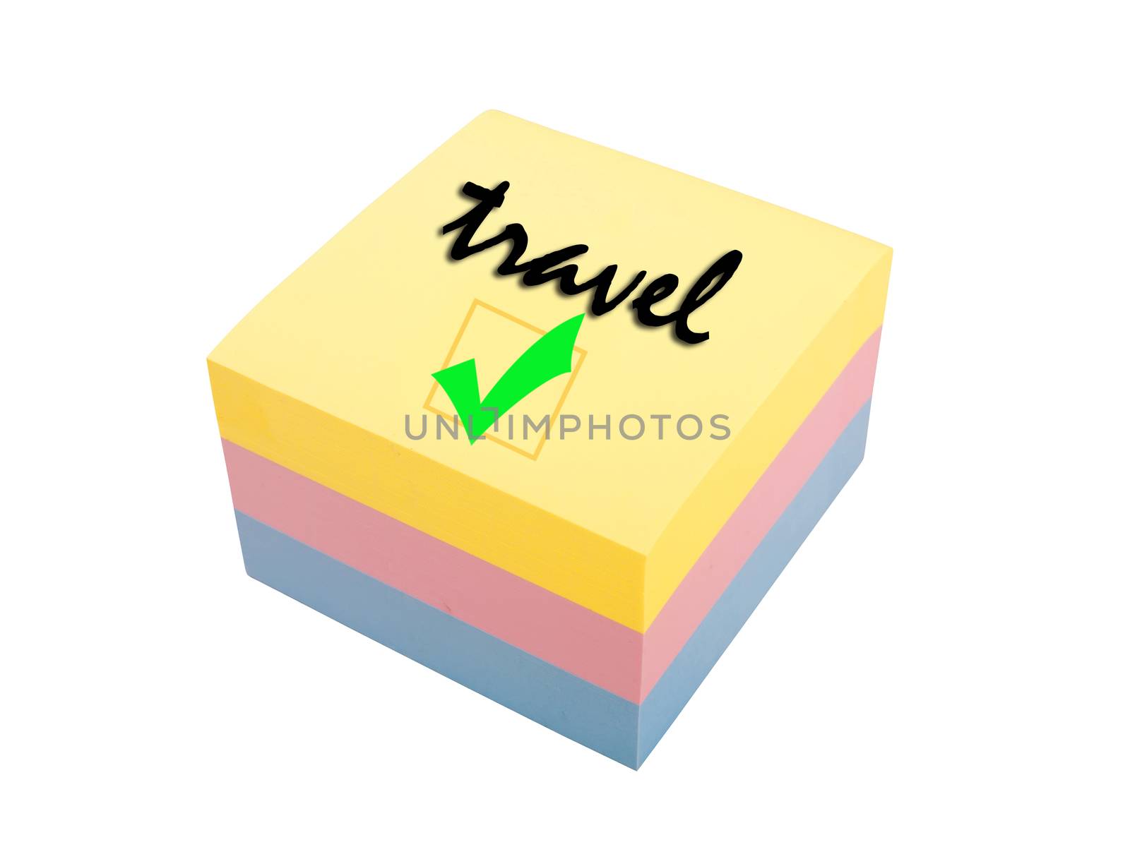 three color block of post it notes, travel reminder