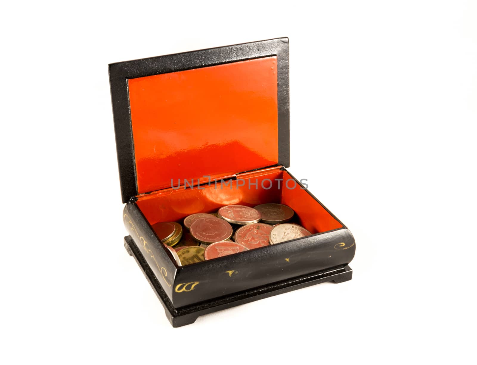 open the box of coins on white background