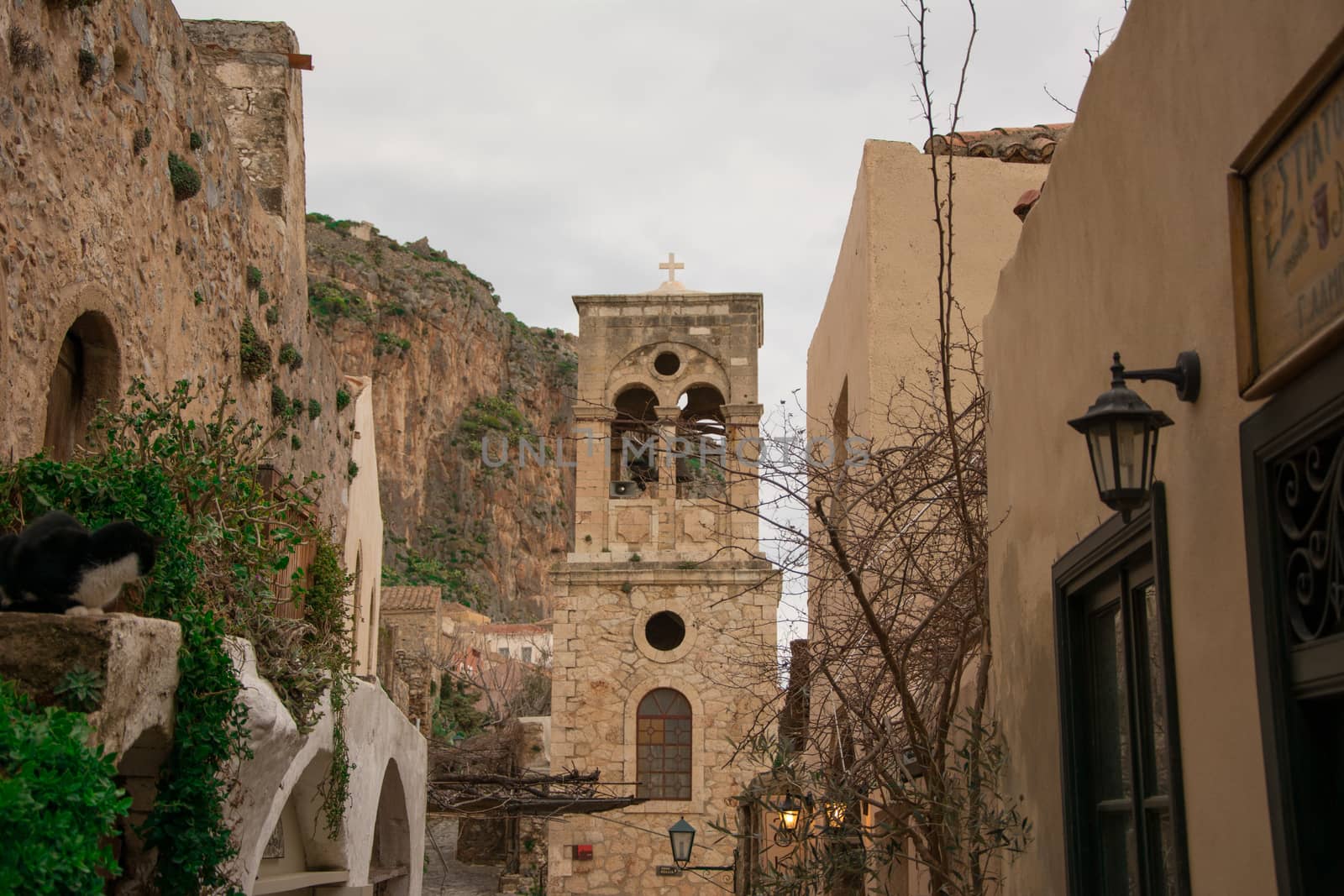Distant view of a steeple in Monemvasia, Greece