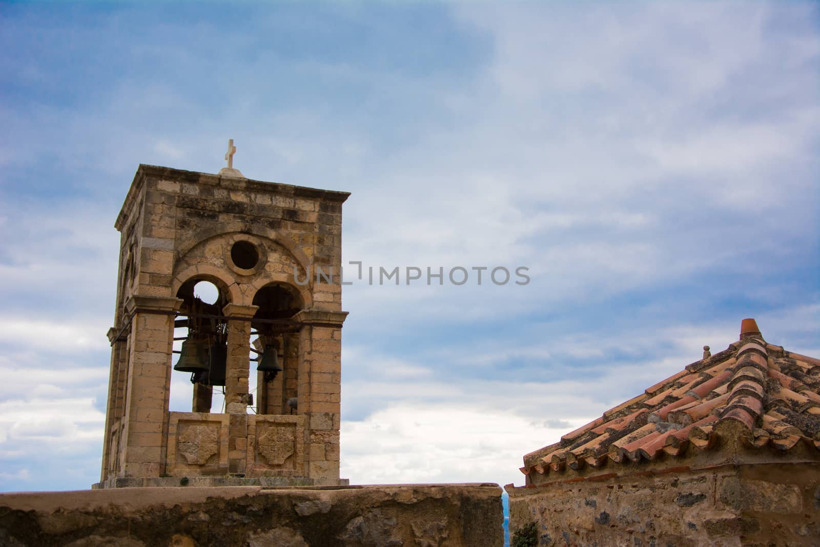 Distant view of a steeple in Monemvasia, Greece