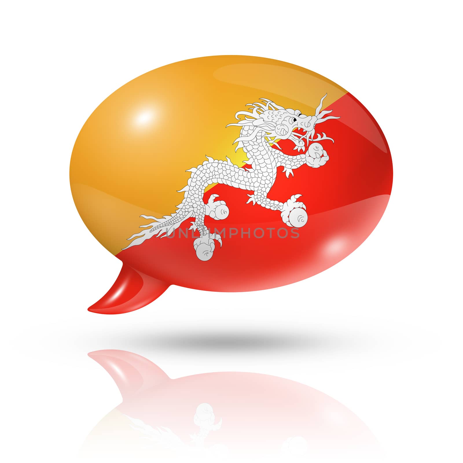 three dimensional Bhutan flag in a speech bubble isolated on white with clipping path