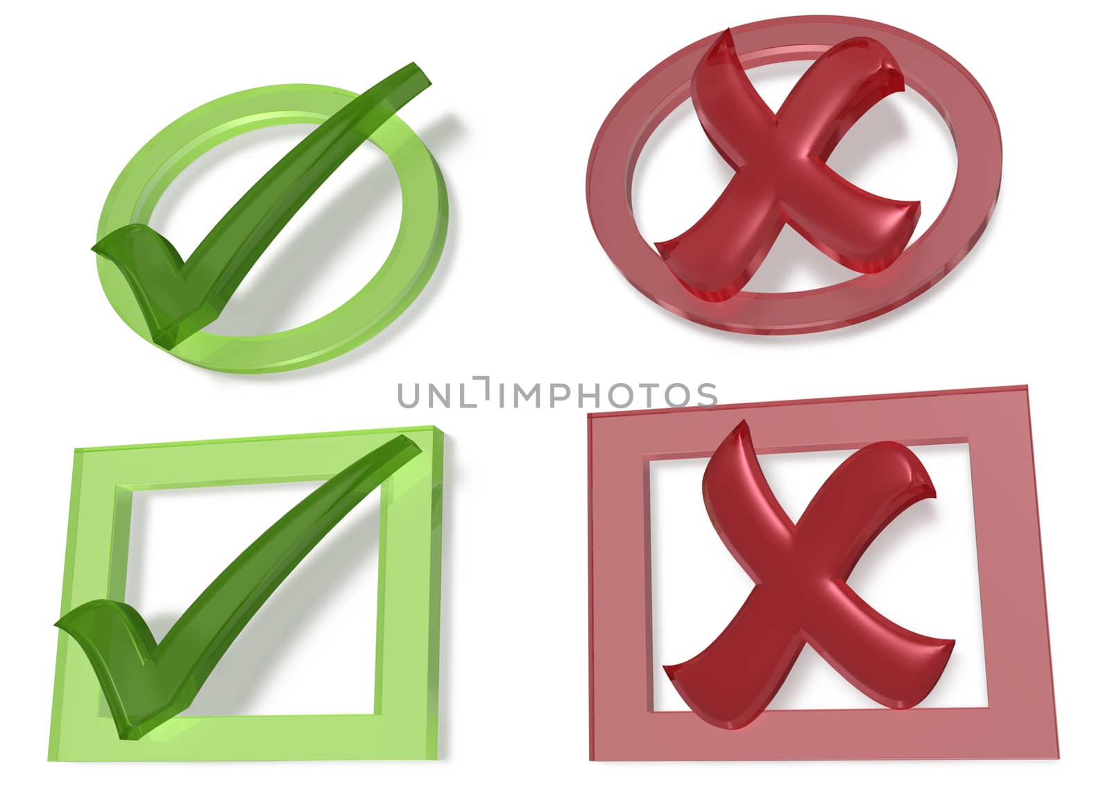 Glossy green Check mark and Cross mark on white background
