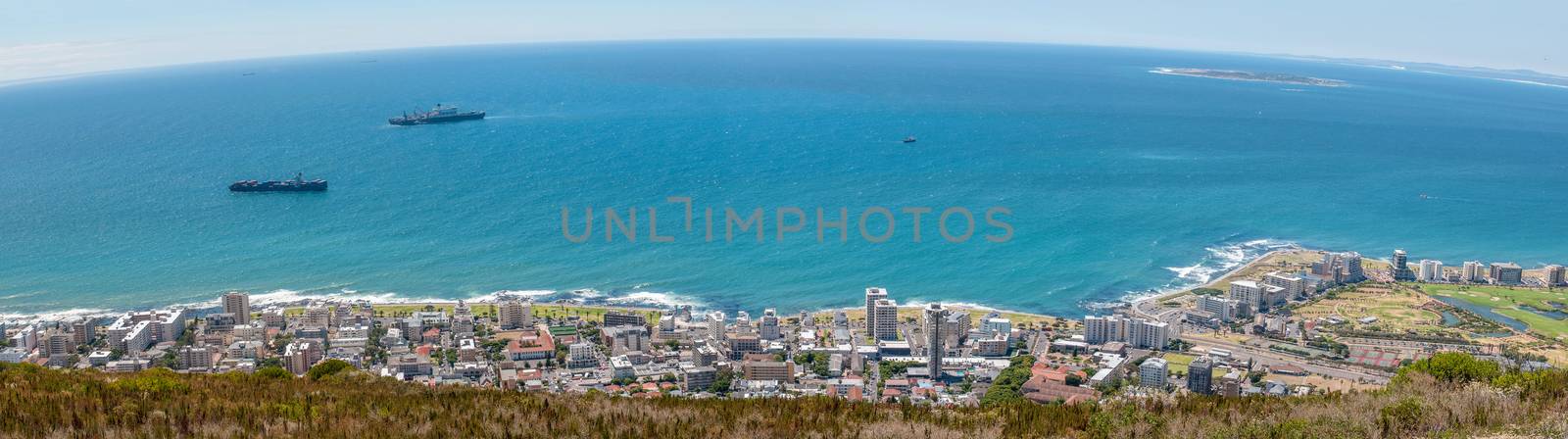 Panorama of Sea Point and Robben Island as seen from Signal Hill in Cape Town
