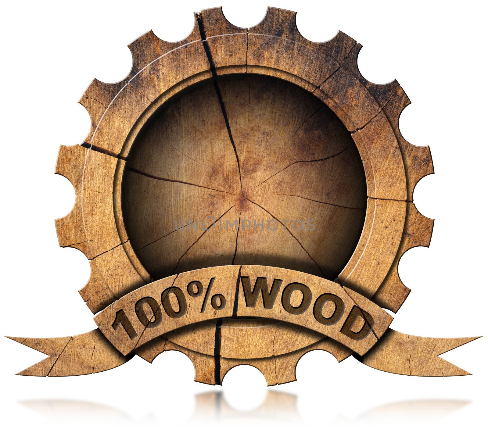 Wooden icon in the shape of gear with wooden ribbon and text, 100% (percent) wood. Isolated on white background