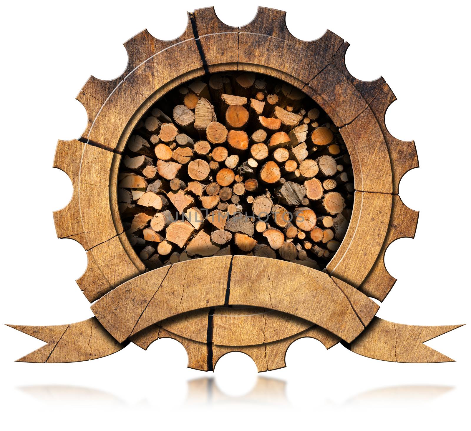 Wooden icon in the shape of gear with dry cut firewood logs in a pile inside, empty wooden ribbon for text. Isolated on white background