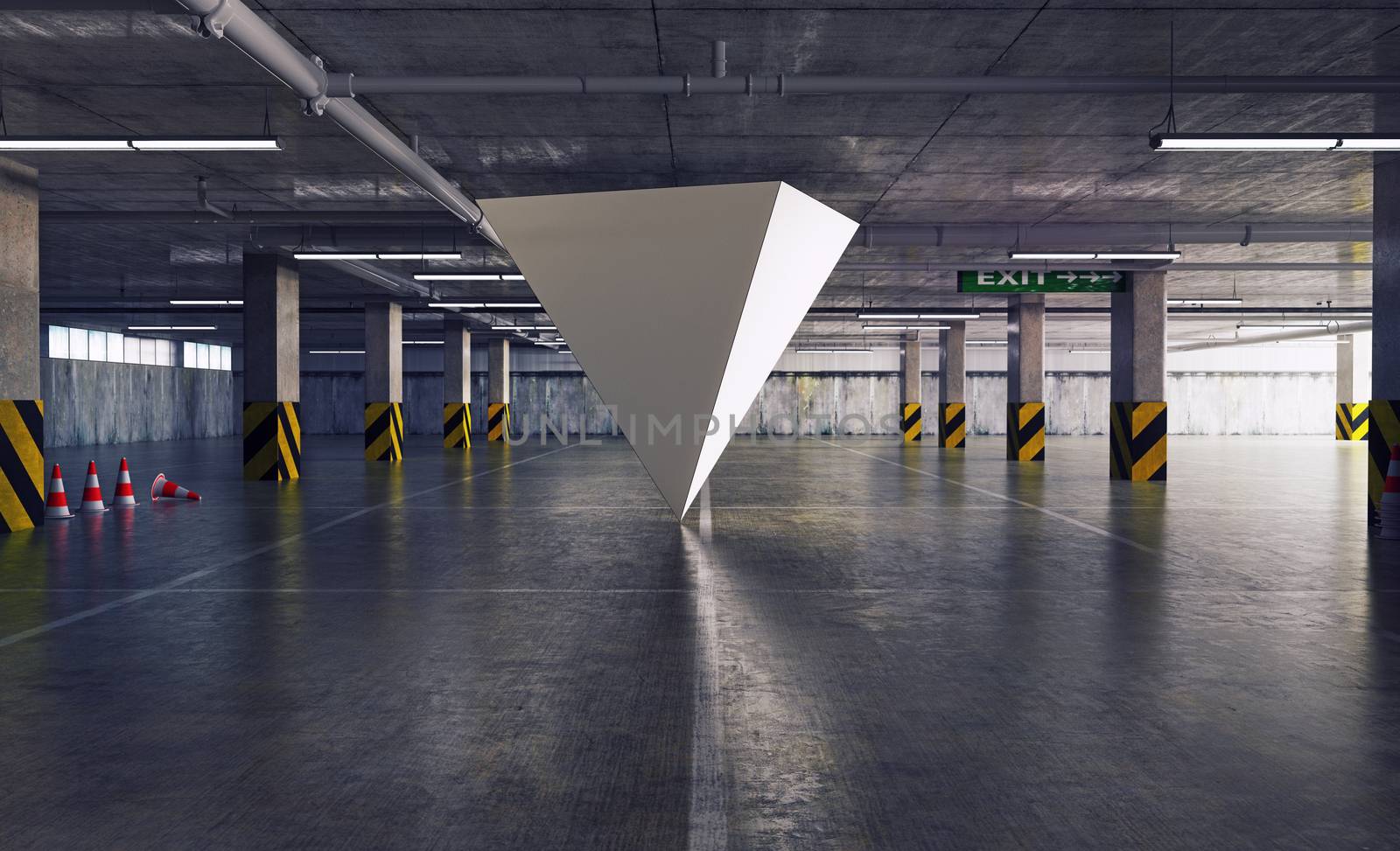 geometric figure pyramid in the parking. 3d creative concept