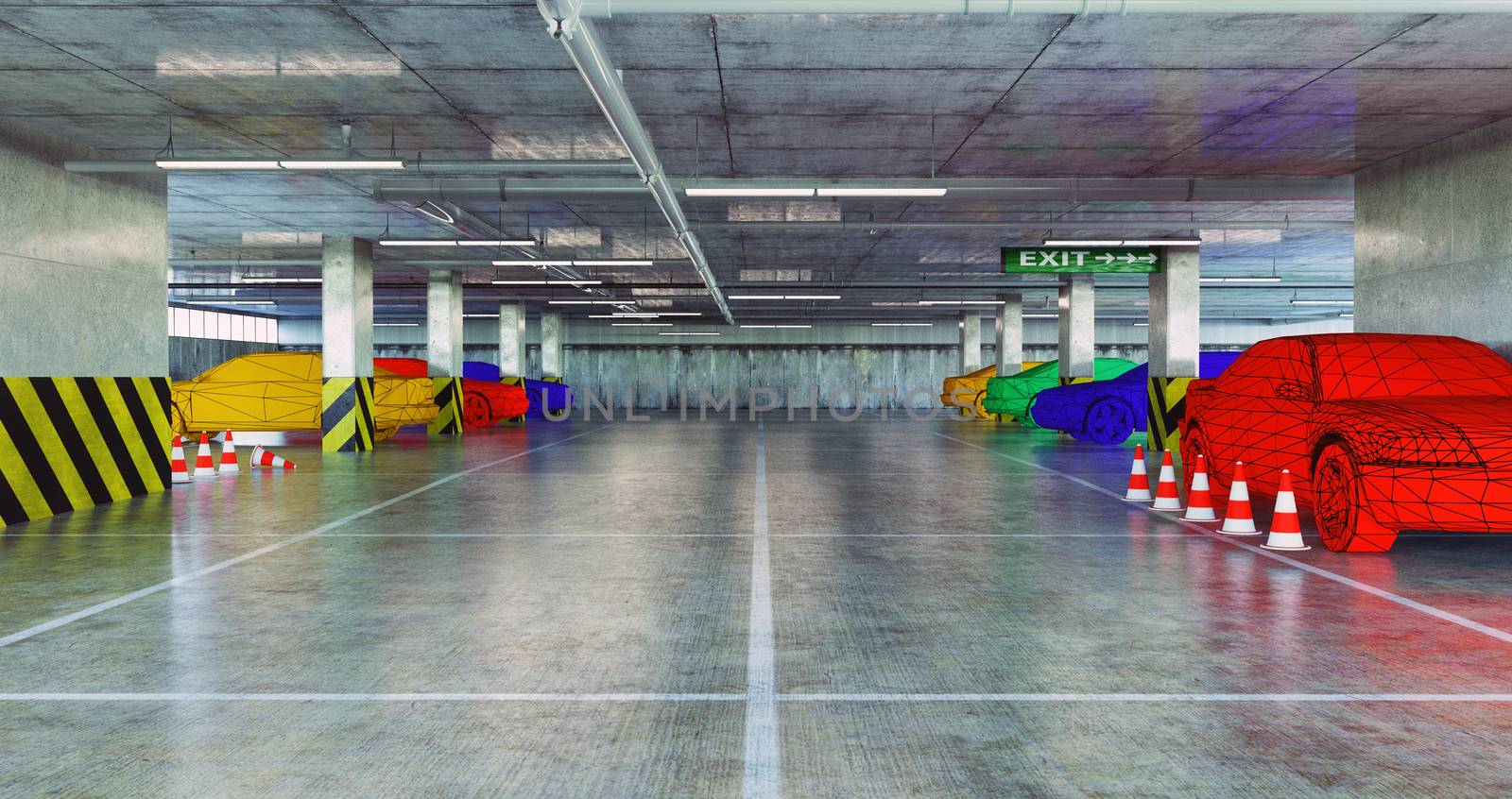 Low-poly color cars in the urban empty parking. 3d concept