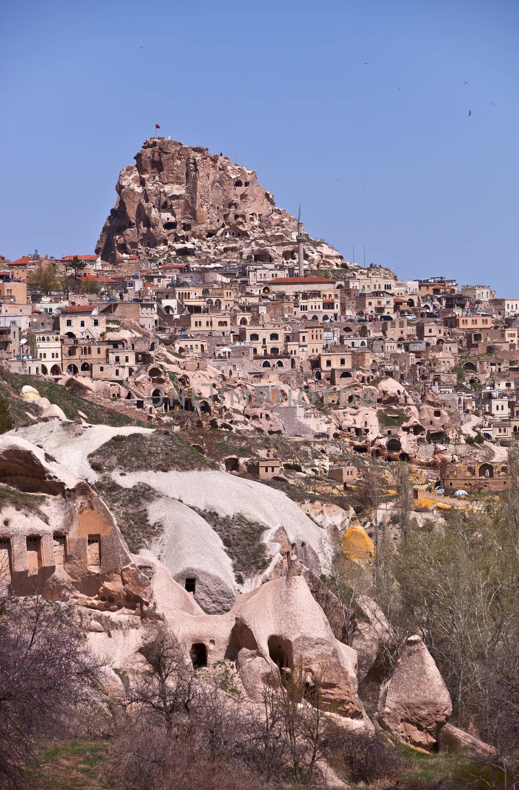 Hillside with homes made of stone in Cappadocia Turkey