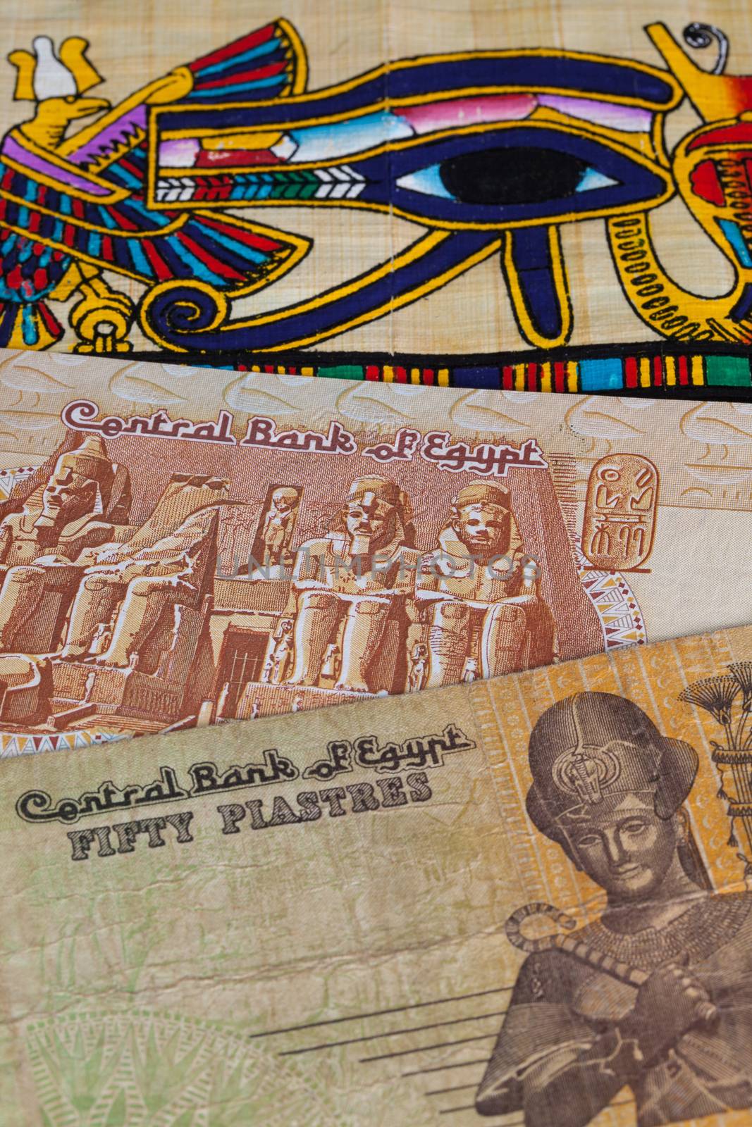 Typical Egyptian papyrus and different banknotes by CaptureLight