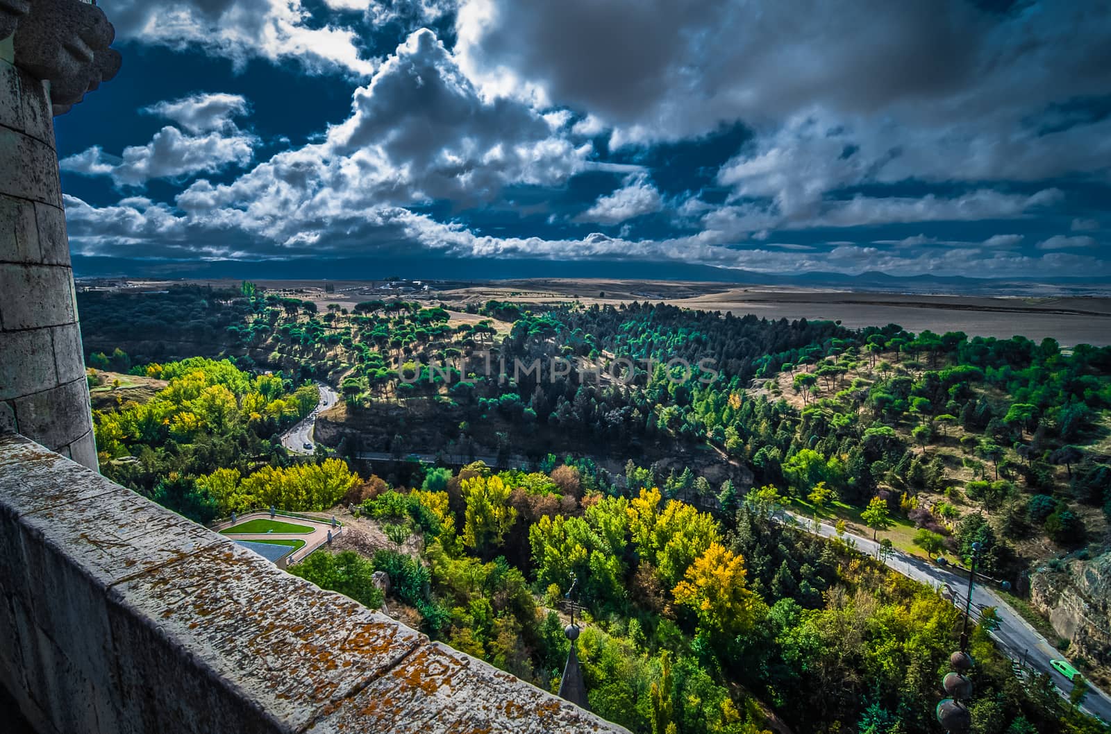 Dark sun and country side in Segovia, Spain as seen from high atop the Alcazar castle.