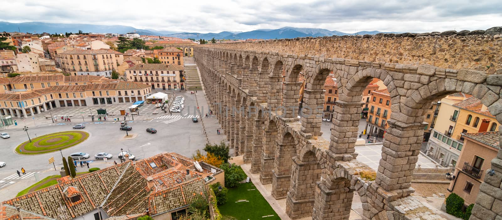 Segovia aqueduct on an overcast day in Spain.