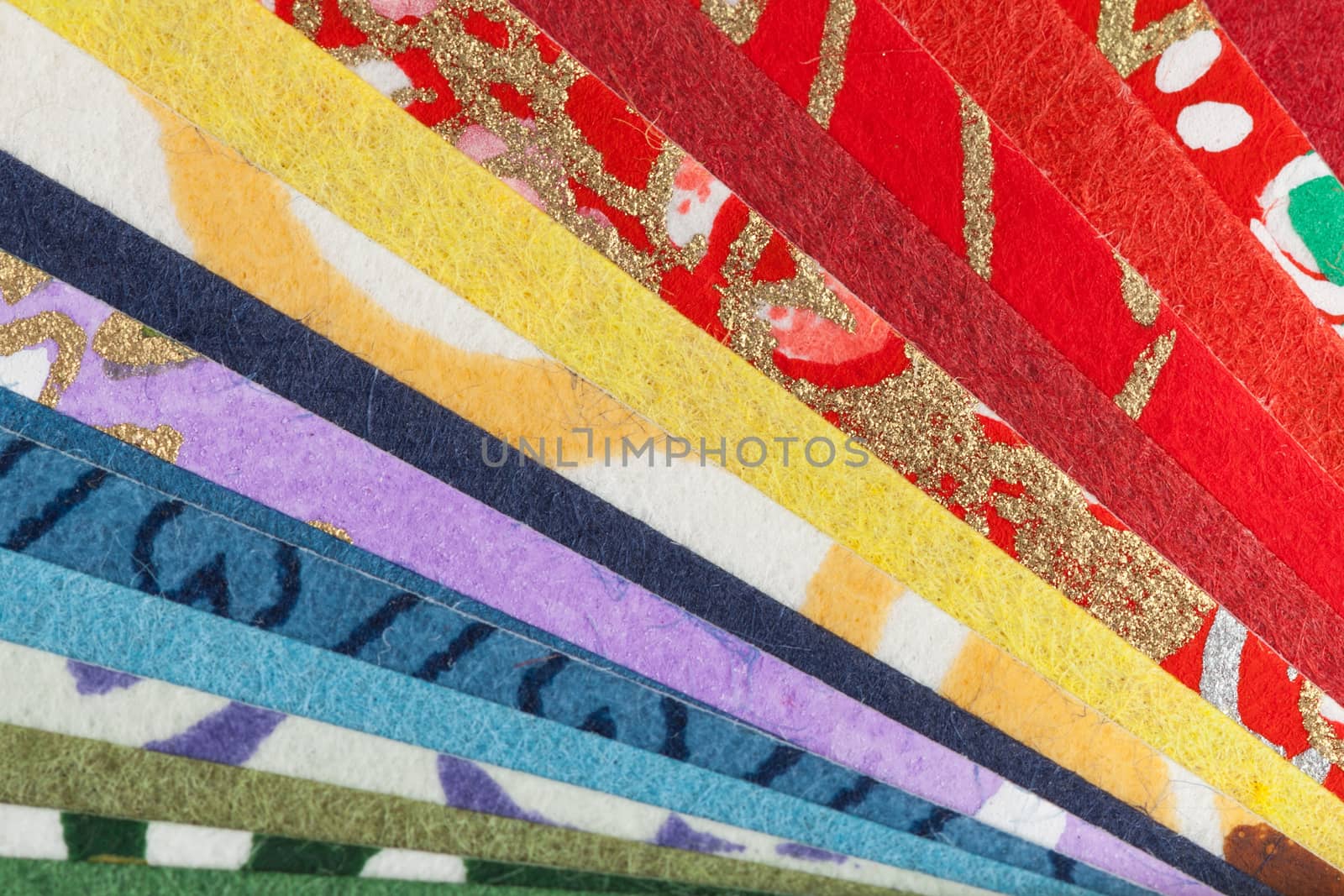 Abstract colorful origami paper pattern texture stacked layer respective, on white background