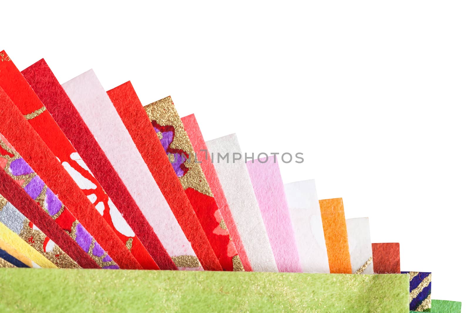 Abstract colorful origami paper pattern texture stacked layer respective, on white background