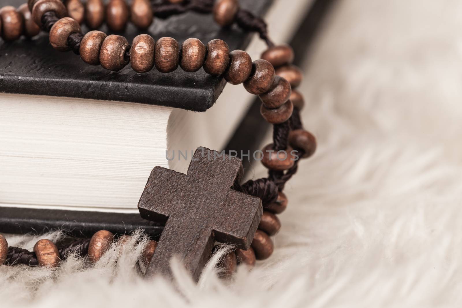 Christian cross necklace on Holy Bible book, Jesus religion conc by FrameAngel