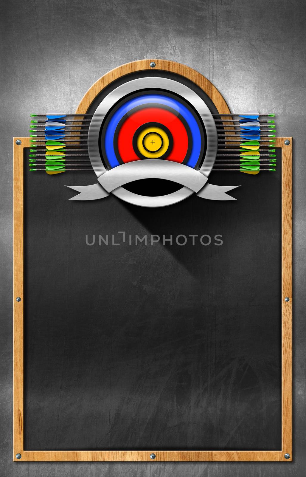 Empty blackboard with wooden frame and metallic archery symbol. Template for archery sport