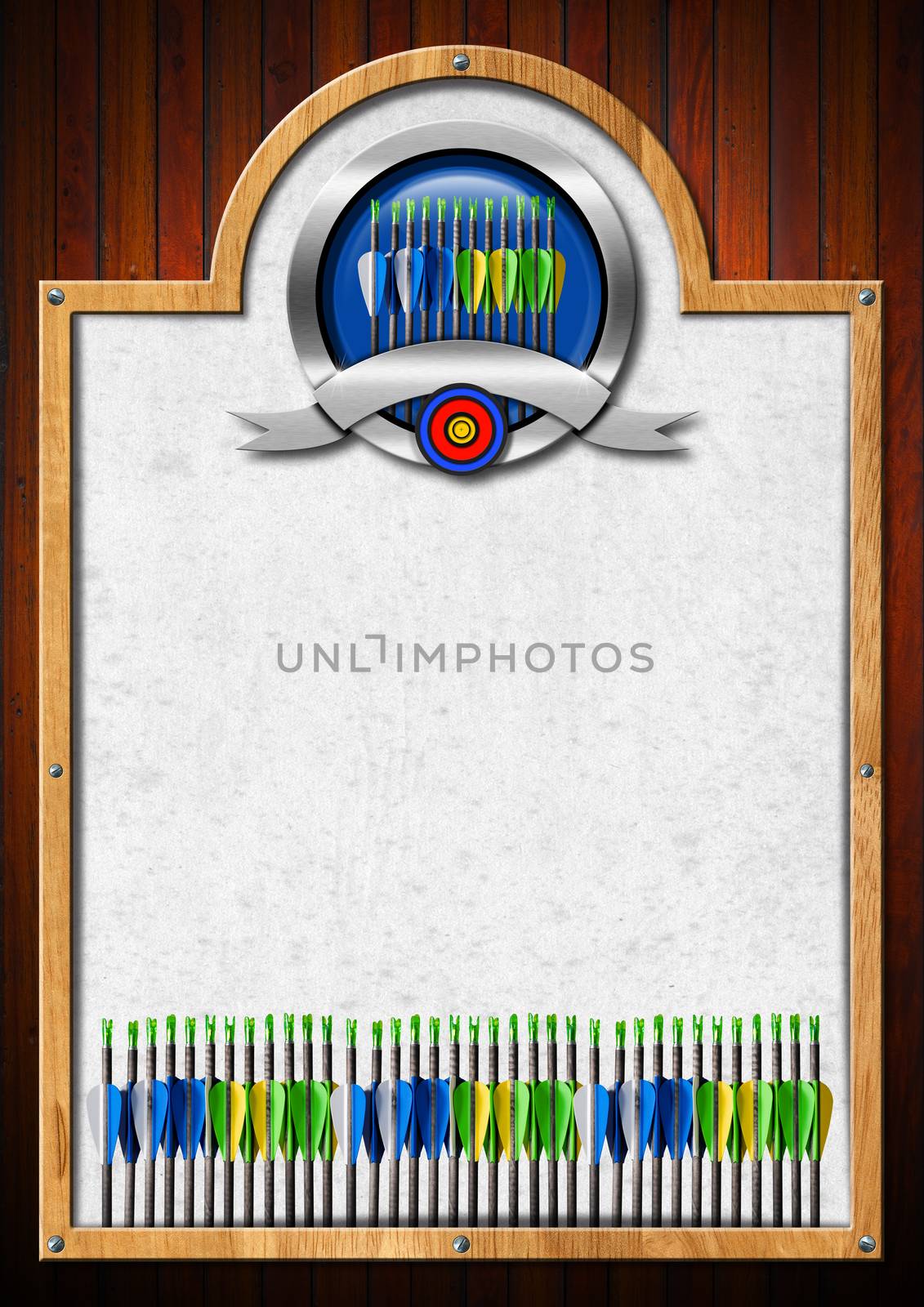 Empty signboard with wooden frame and metallic archery symbol. Template for archery sport