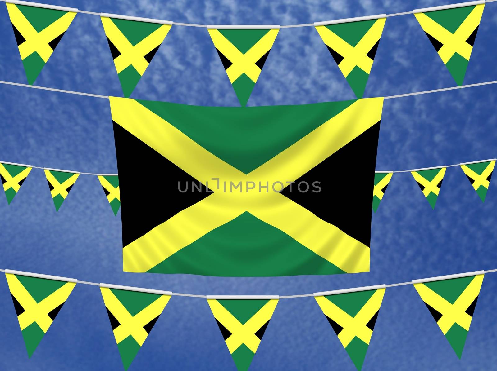 Illustrated flag of Jamaica with bunting and a sky background