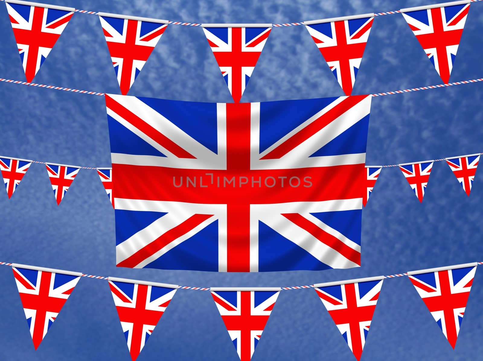 Illustrated flag of the United Kingdom with bunting and a sky background