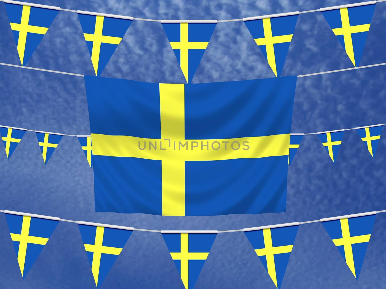 Illustrated flag of Sweden with bunting and a sky background