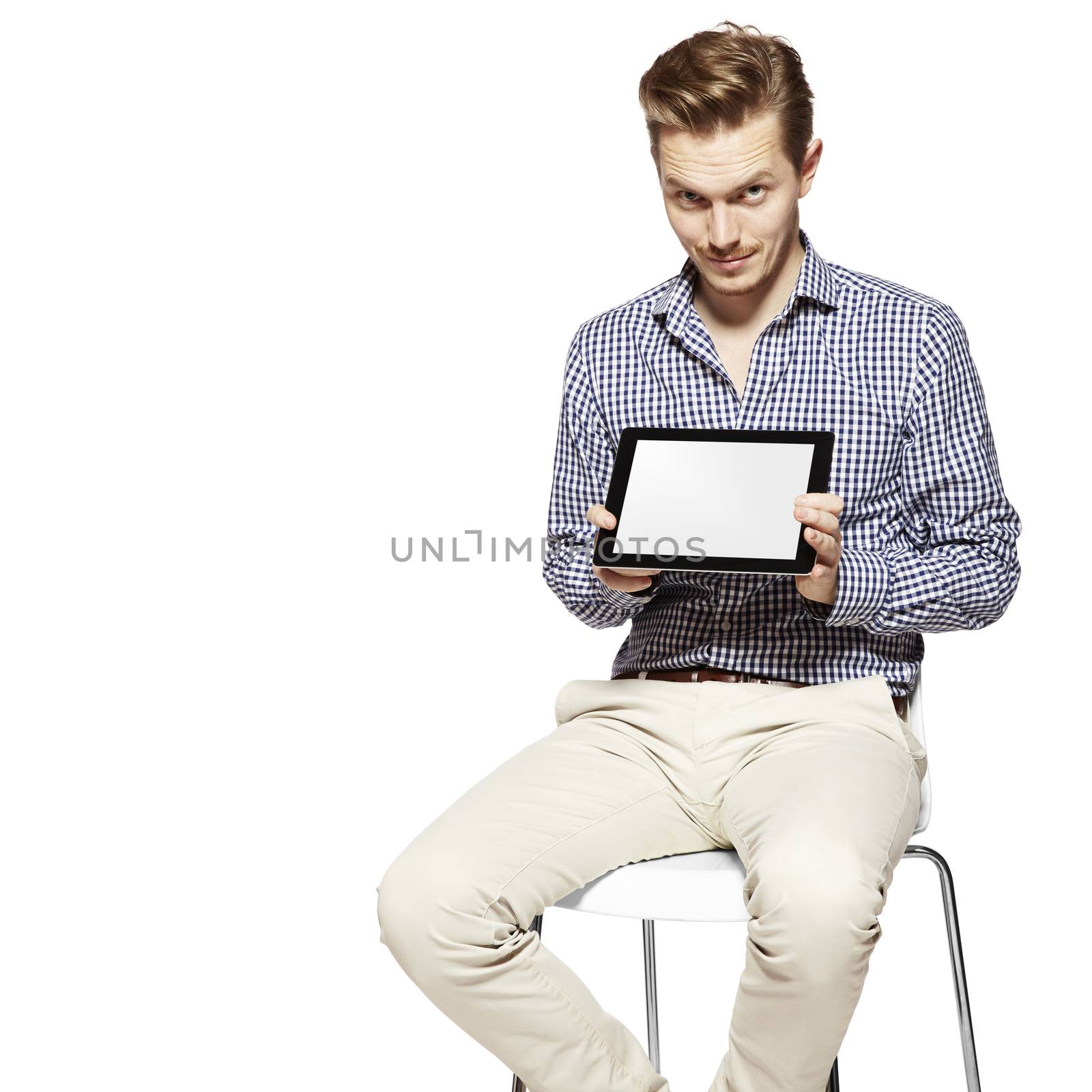 Man showing something on the digital tablet. Copy space. 